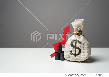 Oil barrels and dollar money bag and red arrow up. Trade and growth of transportation of oil. Rising profit from the sale of energy resources and petroleum products. Positive prognosis Oil barrels and dollar money bag and red arrow up. Trade and growth of transportation of oil. Rising profit from the sale of energy resources and petroleum products. Positive prognosis 110370565
