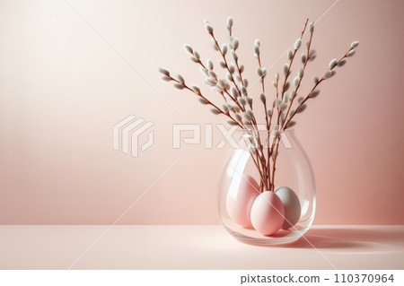 AI-generated content. Generated image of a transparent vase filled with eggs and willow branches sitting on top of a table, a pastel colors, Easter decoration concept,  110370964