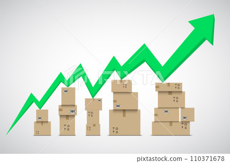 Stacks of cardboard boxes under growing arrow Stacks of cardboard boxes under growing arrow 110371678