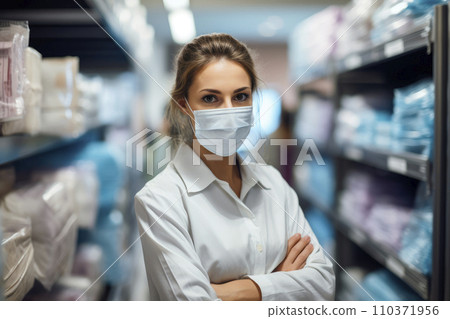 Woman shopassistant wearing protective mask in a supermarket Woman shopassistant wearing protective mask in a supermarket 110371956