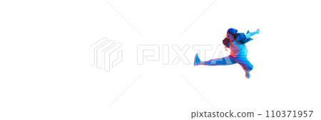 Young girl, hip hop dancer in motion, dancing isolated over white background in neon light Young girl, hip hop dancer in motion, dancing isolated over white background in neon light 110371957