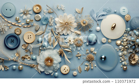 Sewing theme creative composition, blue fabrics, buttons and needles Sewing theme creative composition, blue fabrics, buttons and needles 110371972
