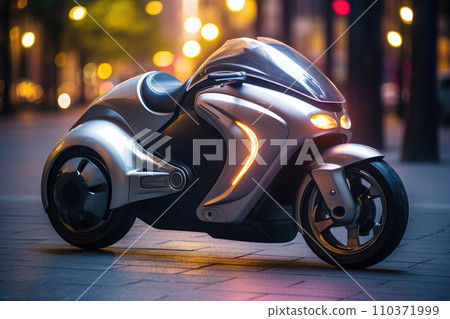 A futuristic unreal electric motorcycle parked on a street at night 110371999