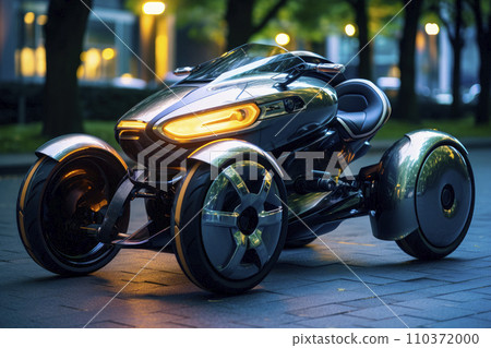 A futuristic unreal electric quad bike parked on a street at night A futuristic unreal electric quad bike parked on a street at night 110372000