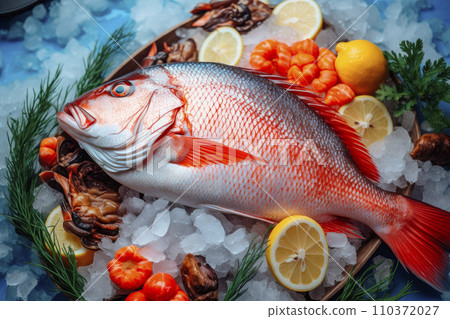 Frozen fish and seafood on ice 110372027