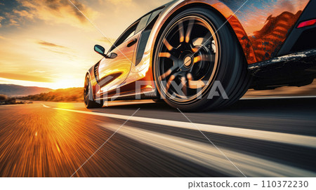 Red sport car on the asphalt road with motion blur 110372230