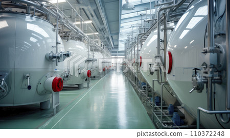 Alley tanks of stainless steel in the factory. The food industry, dairy products production. Alley tanks of stainless steel in the factory. The food industry, dairy products production. 110372248