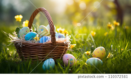 Wicker basket with Easter eggs 110372581