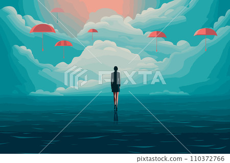 AI-generated content. business woman stand under big rainy cloud vector illustration 110372766