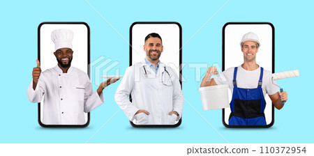 Group of happy men working in different spheres peeping out smartphone screens Group of happy men working in different spheres peeping out smartphone screens 110372954