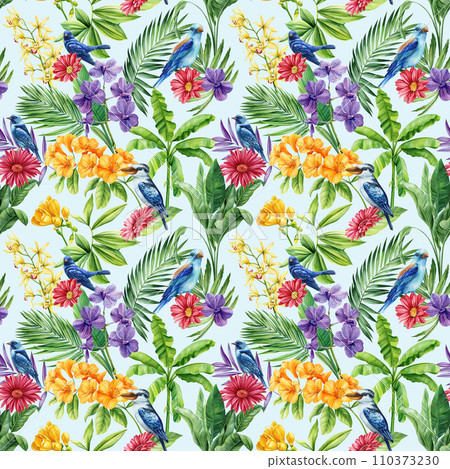 Seamless pattern Flowers, palm leaves and birds. Watercolor Tropical floral background. Wallpaper design, exotic plant Seamless pattern Flowers, palm leaves and birds. Watercolor Tropical floral background. Wallpaper design, exotic plant 110373230