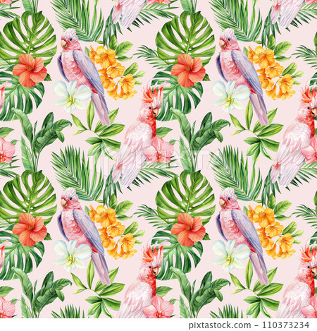 Seamless pattern Flowers, palm leaves, parrot bird. Watercolor Tropical floral pink background. Wallpaper design 110373234