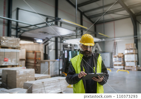 Warehouse receiver standing by delivered cargo, holding tablet, looking at cargo details, checking delivered items, goods against order. 110373293