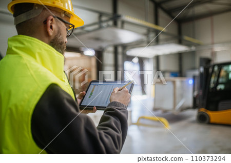 Warehouse receiver standing by delivered cargo, holding tablet, looking at cargo details, checking delivered items, goods against order. Warehouse receiver standing by delivered cargo, holding tablet, looking at cargo details, checking delivered items, goods against order. 110373294