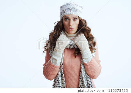 surprised woman in sweater, mittens, hat and scarf on white surprised woman in sweater, mittens, hat and scarf on white 110373433