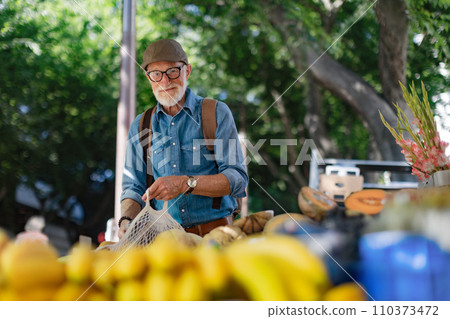 Senior man shopping at market in the city. Elderly man buying fresh vegetables and fruits from market stall. Senior man shopping at market in the city. Elderly man buying fresh vegetables and fruits from market stall. 110373472