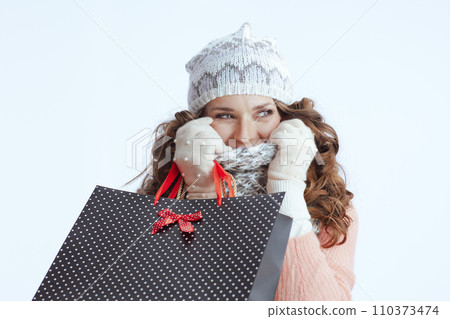 stylish woman in sweater, mittens, hat and scarf stylish woman in sweater, mittens, hat and scarf 110373474
