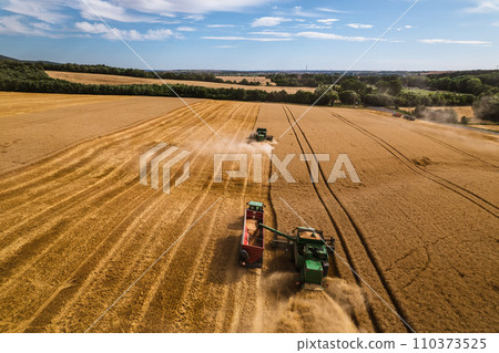 Aerial view of a tractor and harvester working in a field. Agriculture and cultivation of industrial farms. Agribusiness. 110373525