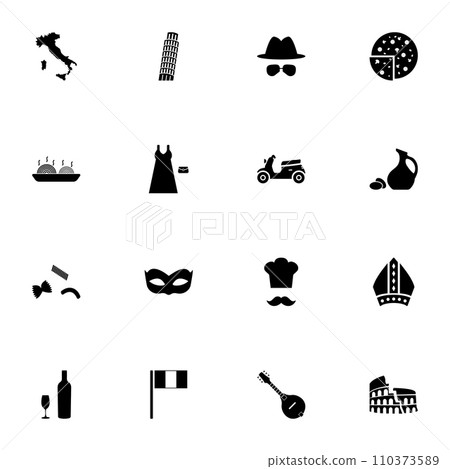 Italian icon - Expand to any size - Change to any colour. Perfect Flat Vector Contains such Icons as venice, mask, carnival, pasta, mafia, delicatessen, map, scooter, pisa, coliseum, food, wine, oil 110373589