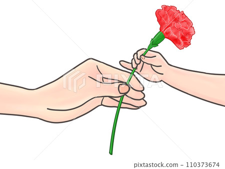 Mother's Day: Scene where a child hands a single red carnation flower to the mother Mother's Day: Scene where a child hands a single red carnation flower to the mother 110373674