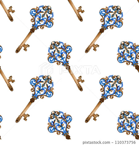 Retro keys seamless pattern. Antiques key cover for your design. Hand painted illustration Retro keys seamless pattern. Antiques key cover for your design. Hand painted illustration 110373756