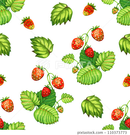 Forest strawberry fruit sketch seamless pattern. Colorful cottagecore illustration. 110373773
