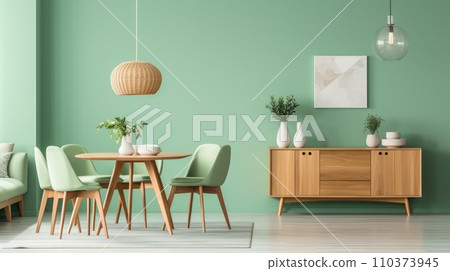 Mint color chairs at round wooden dining table in room with sofa and cabinet near green wall 110373945