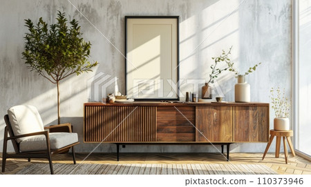 Modern living room interior with sideboard and art decoration, mockup frame Modern living room interior with sideboard and art decoration, mockup frame 110373946