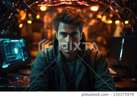 Portrait of cyberpunk system administrator programmer hacker person 110373979