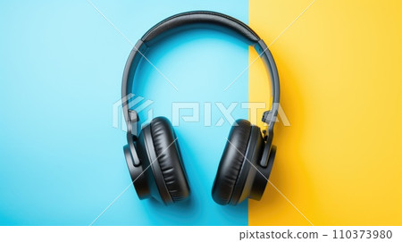 Black wired headphones lie on a blue background Black wired headphones lie on a blue background 110373980