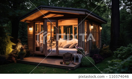 Beautiful little cozy wooden room in garden, idea for small house pavilion 110374046