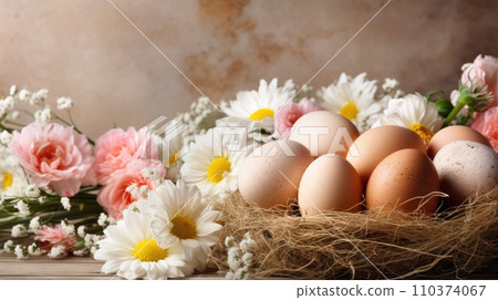 A bunch of eggs sitting on top of a bunch of flowers. Rustic Easter background 110374067