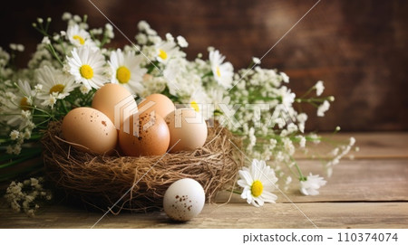 A bunch of eggs sitting on top of a bunch of flowers. Rustic Easter background A bunch of eggs sitting on top of a bunch of flowers. Rustic Easter background 110374074