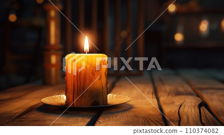 A lit candle sitting on top of a table A lit candle sitting on top of a table 110374082