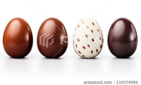 A row of Easter eggs covered with milk and white chocolate on a white background 110374099