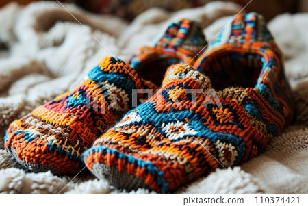 Knitted woolen socks on a wooden background. Selective focus 110374421