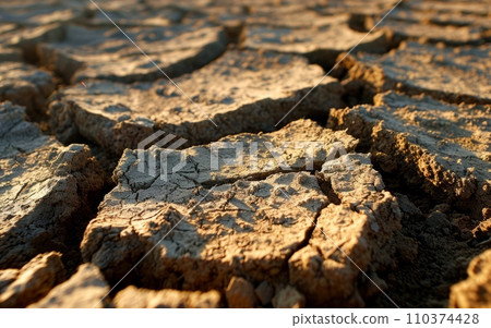 Dry cracked earth symbolizing water scarcity. Global warming, climate change and drought concept 110374428