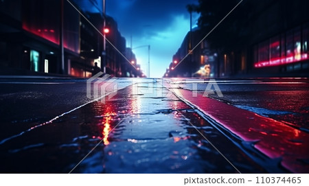 Dark street, reflection of neon light on wet asphalt. Rays of light and red laser light in the dark. Night view background 110374465