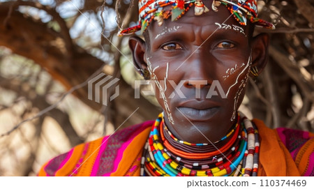 Portrait of an unidentified Masai warrior in traditional clothes 110374469