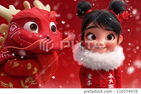 A cute Chinese red dragon and a little Chinese girl on a red background, welcoming the New Year A cute Chinese red dragon and a little Chinese girl on a red background, welcoming the New Year 110374478