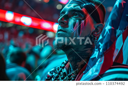 Fan wearing a jersey, face paint, close up Fan wearing a jersey, face paint, close up 110374492