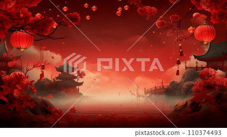 Chinese New Year landscape with lanterns and red lanterns, 3D rendering 110374493