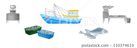 Fishery and Seafood Production Process and Industry Vector Set 110374619