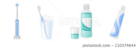 Oral Care and Dental Hygiene with Toothbrush, Mouthwash and Toothpaste Tube Vector Set 110374644