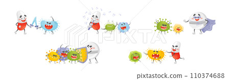 Antibiotic Pill Character Fight Bacteria and Virus Vector Set Antibiotic Pill Character Fight Bacteria and Virus Vector Set 110374688