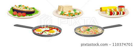 Different Food and Meal Served on Plate Vector Set 110374701