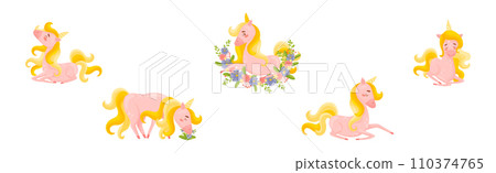 Pink Unicorn with Slender Legs and Golden Mane Vector Set Pink Unicorn with Slender Legs and Golden Mane Vector Set 110374765