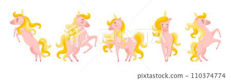 Pink Unicorn with Slender Legs and Golden Mane Vector Set Pink Unicorn with Slender Legs and Golden Mane Vector Set 110374774