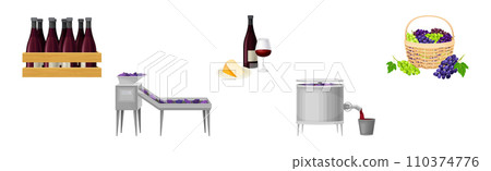 Wine Production Process and Winery Factory Vector Set 110374776