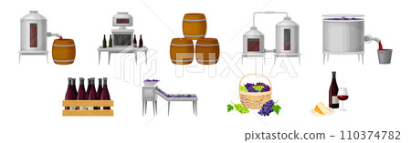 Wine Production Process and Winery Factory Vector Set 110374782